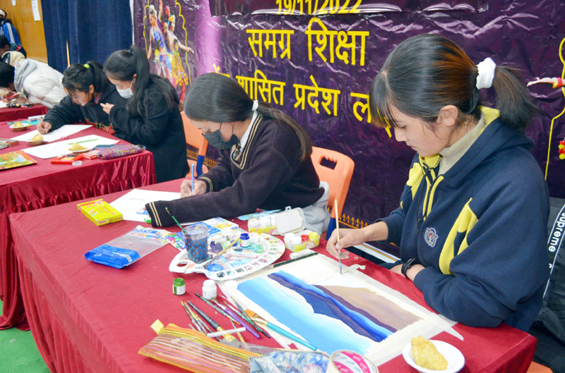 Students exhibiting talent during ‘Kala Utsav’ at Leh on Sunday. Students exhibiting talent during ‘Kala Utsav’ at Leh on Sunday.
