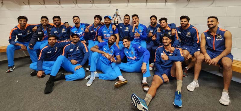 Indian team celebrating by holding trophy at Napier on Tuesday.