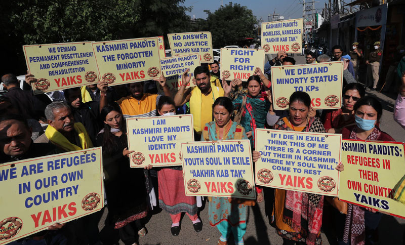 YAIKS activists protesting at Jammu in support of rehabilitation demand on Saturday. —Excelsior/Rakesh