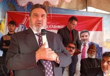 Apni Party president Altaf Bukhari addressing public rally in Uri on Monday.