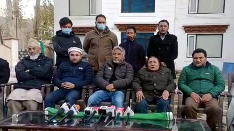 KDA leaders addressing a press conference in Kargil on Tuesday. - Excelsior/ Basharat Ladakhi KDA leaders addressing a press conference in Kargil on Tuesday. - Excelsior/ Basharat Ladakhi