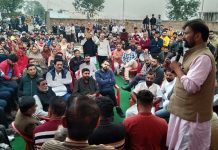 Ex-MP and chairman DSSP, Ch Lal Singh addressing public rally in Bishnah on Sunday.