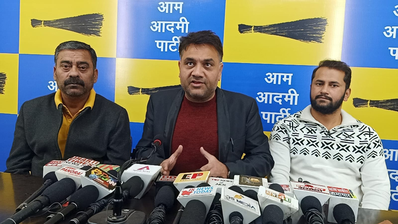 AAP spokesperson, Gagan Partap Singh addressing a press conference at Jammu on Thursday.