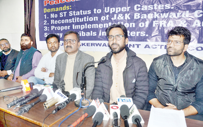 Members of GBJAC addressing press conference in Jammu on Monday. -Excelsior/Rakesh