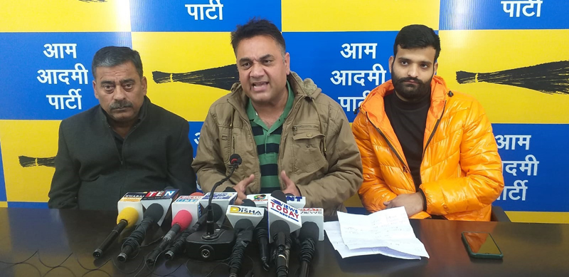 AAP Spokesperson Gagan Partap addressing a press conference at Jammu on Saturday.