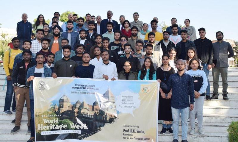 Students and faculty members of SMVDU posing for a group photograph during celebration of ‘World Heritage Week’ at Mubarak Mandi Jammu on Sunday. Students and faculty members of SMVDU posing for a group photograph during celebration of ‘World Heritage Week’ at Mubarak Mandi Jammu on Sunday.