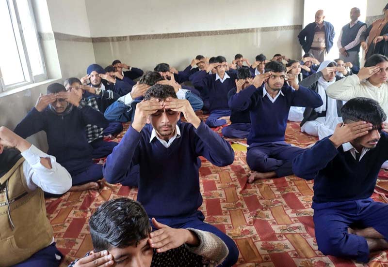 Hearing and Speech Impaired students performing Prajna Yoga at Jammu on Monday.