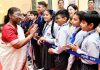 President Droupadi Murmu meeting children during a function on the occasion of 'national Children Day' at Rashtrapati Bhavan in New Delhi on Monday. (UNI)
