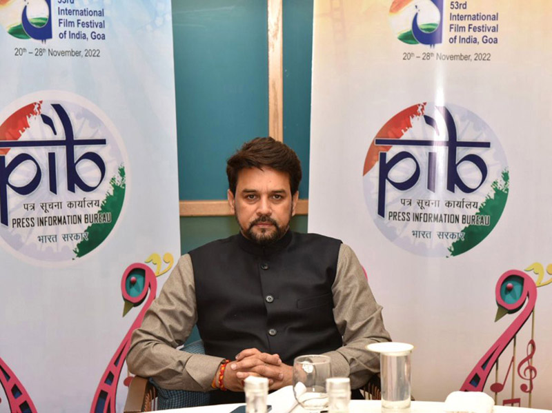Union Minister for Information and Broadcasting, Youth Affairs and Sports, Anurag Singh Thakur interacting with media at the 53rd International Film Festival of India (IFFI), in Goa on Sunday. (UNI)
