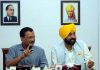 Delhi Chief Minister and AAP Convener Arvind Kejriwal with Punjab Chief Minister Bhagwant Mann addresses a press conference, in New Delhi on Friday. (UNI)