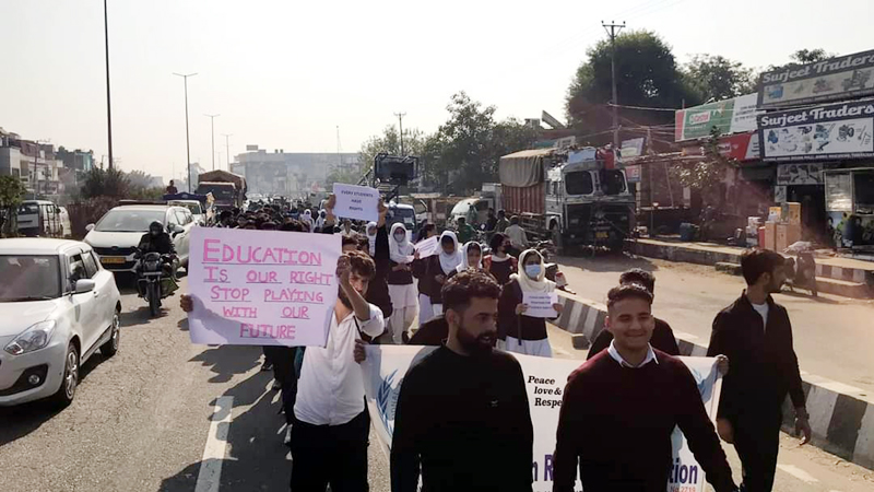 Students of BSc Nursing Colleges Gandhi Nagar and Gangyal during a protest in Jammu on Saturday.