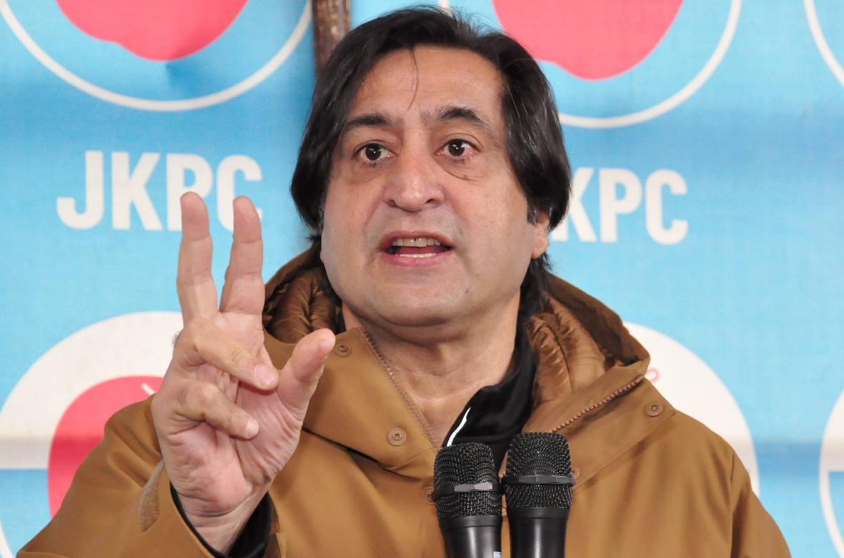 Jammu And Kashmir Peoples Conference President Sajad Lone addresses the party supporters