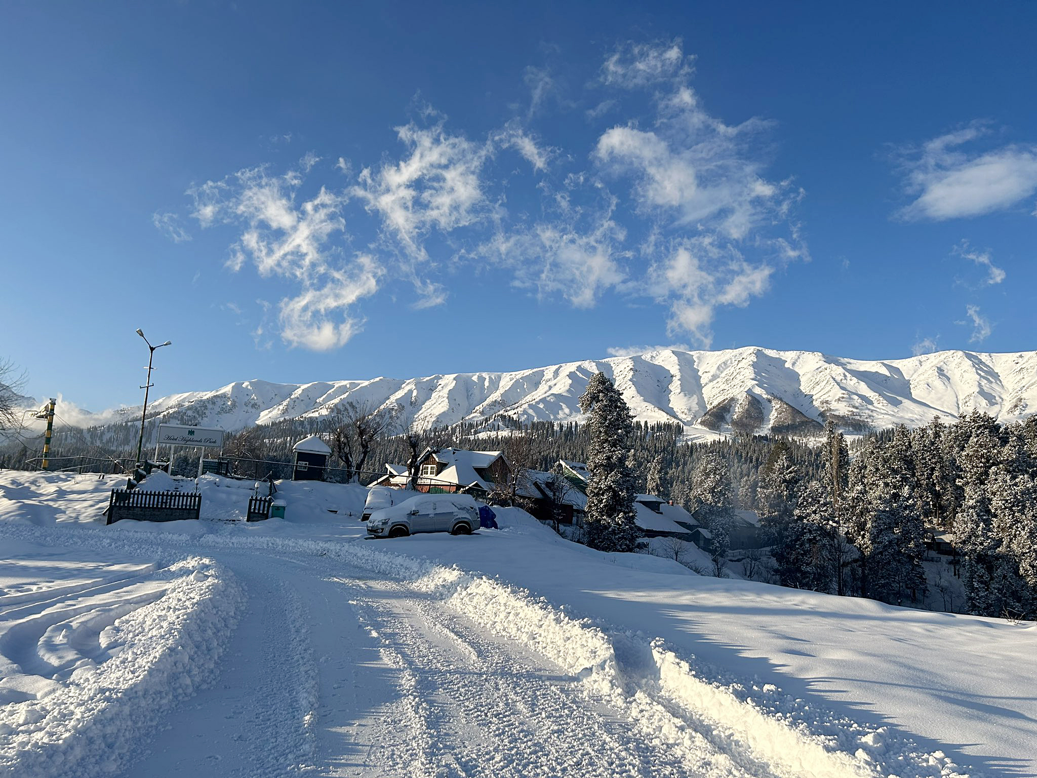 A snow-capped view of the Gulmarg ski resort after a heavy snowfall