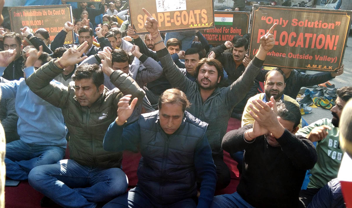 PM package employees protesting at Jammu on Monday.