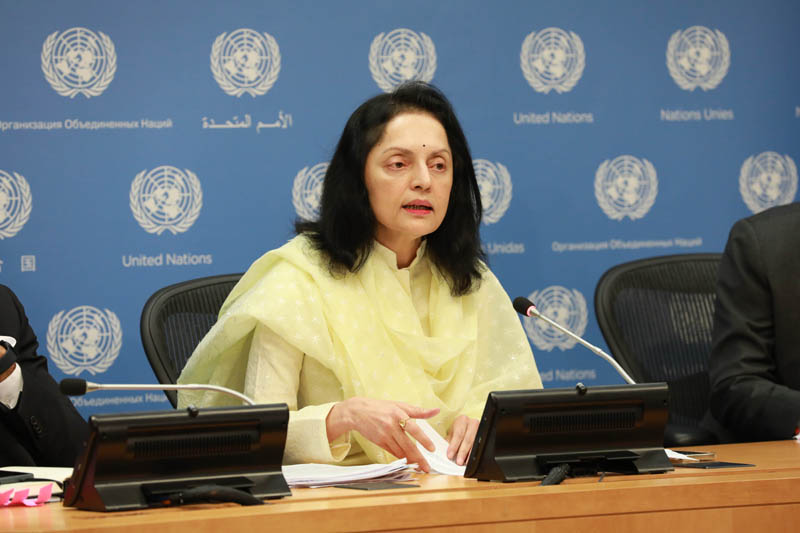 Ruchira Kamboj, permanent representative of India to the United Nations and president of the UN Security Council for the month of December, speaks during a press conference at the UN headquarters in New York Dec. 1, 2022. Reforming multilateralism will be debated at the UN Security Council in December, Kamboj said Thursday. (UNI)