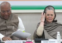 Congress president Mallikarjun Kharge with senior party leader Sonia Gandhi during the party's Steering Committee meeting at AICC HQ in New Delhi on Sunday.