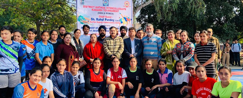 DC Kathua Rahul Pandey posing for a group photograph duing Inter-Collegiate event at GDC Kathua on Thursday. DC Kathua Rahul Pandey posing for a group photograph duing Inter-Collegiate event at GDC Kathua on Thursday.