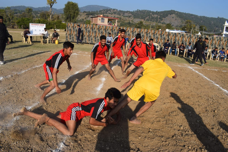Players in action during a Kabaddi match at Lam in Nowshera sector on Thursday.