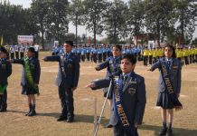 Students taking oath during ‘Sports Day’ at Heritage School Jammu on Thursday.