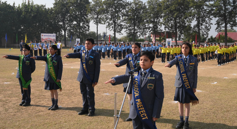 Students taking oath during ‘Sports Day’ at Heritage School Jammu on Thursday.