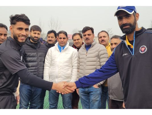 Captains of teams during the inaugural ceremony of LG Rolling Trophy at Srinagar on Friday.