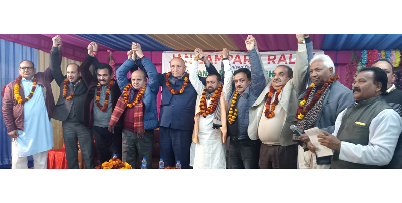 Tara Chand and others at Jan Sampark rally in RS Pura on Saturday. Tara Chand and others at Jan Sampark rally in RS Pura on Saturday.