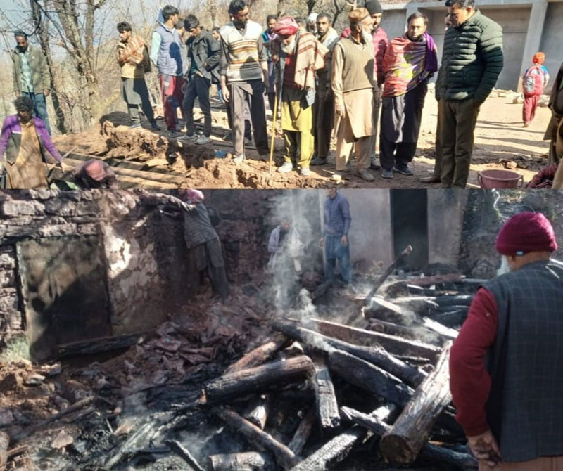 Family members and neighbour lookin at gutted house in Surankote. Family members and neighbour lookin at gutted house in Surankote.
