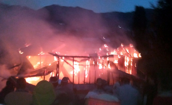 A house on fire in Bhaderwah. -Excelsior/Tilak Raj A house on fire in Bhaderwah. -Excelsior/Tilak Raj