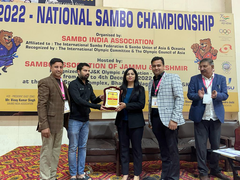 Office bearers being awarded during closing ceremony of Sambo Championship at Jammu on Monday.