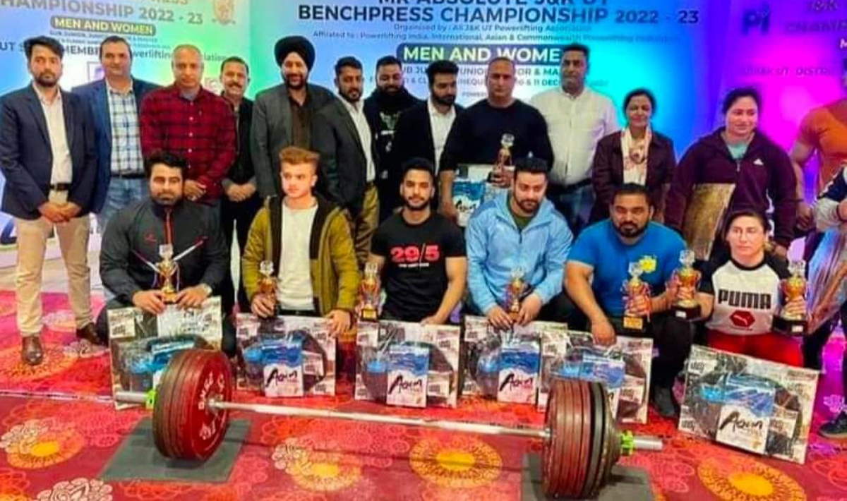 Winners posing with dignitaries at Indoor Stadium Bhagwati Nagar, Jammu on Tuesday. Winners posing with dignitaries at Indoor Stadium Bhagwati Nagar, Jammu on Tuesday.