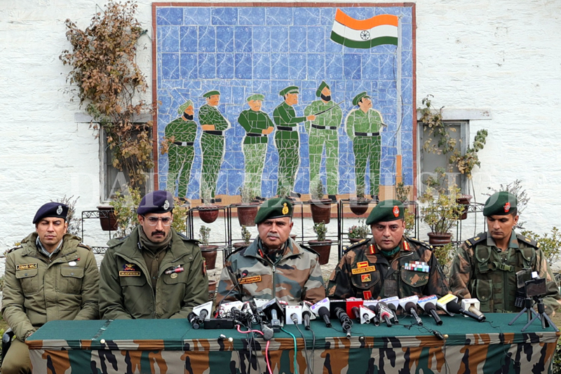 Army and Police officials addressing a press conference in Baramulla on Sunday. -Excelsior/Aabid Nabi Army and Police officials addressing a press conference in Baramulla on Sunday. -Excelsior/Aabid Nabi
