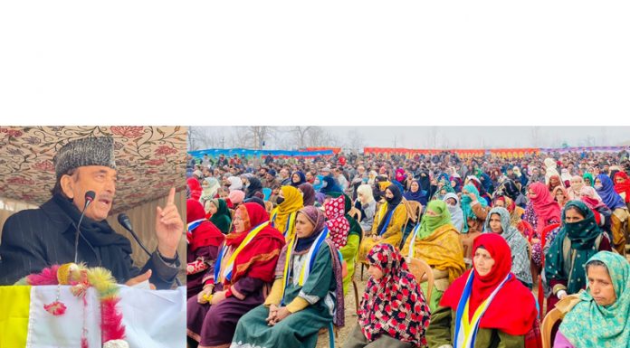 DAP chairman Ghulam Nabi Azad addressing a rally at Lolab in Kupwara on Thursday.
