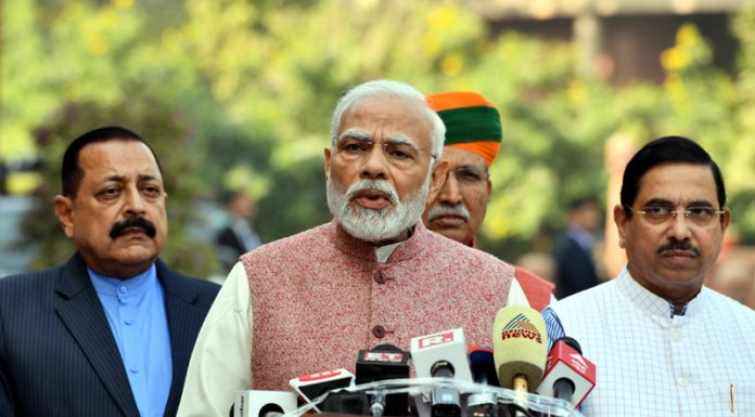 Prime Minister Narendra Modi addressing media on the first day of the winter session of Parliament in New Delhi on Wednesday. (UNI)