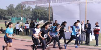 Women players in action during 800 metres race at Haryana State Sports Complex, Faridabad.