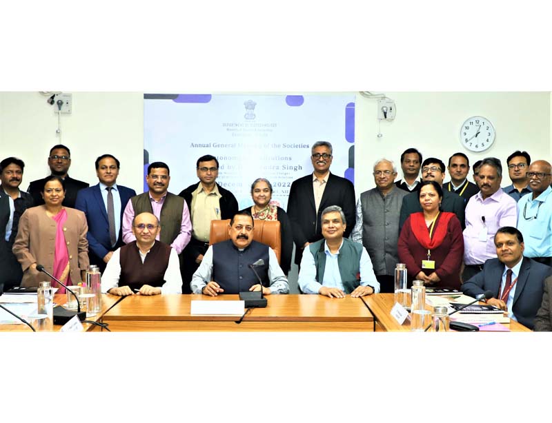 Union Minister Dr Jitendra Singh posing for a group photograph with Directors of different leading frontier Biotechnology Institutes of India during an extended comprehensive review meeting at National Institute of Immunology, New Delhi on Friday.