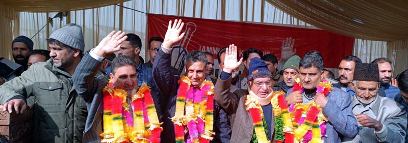 Apni Party president, Altaf Bukhari and others at a rally in Tangmarg area of North Kashmir. Apni Party president, Altaf Bukhari and others at a rally in Tangmarg area of North Kashmir.