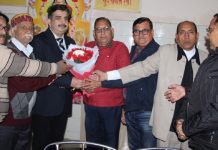 Bharat Vikas Parishad Nanak Nagar unit members felicitating guest speaker, Dr Mohit Arora from Fortis Amritsar during a medical camp in Jammu on Sunday.
