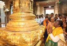 President Draupadi Murmu offering prayer to Lord Sri Venkateswara temple in Tirumala on Monday. (UNI)