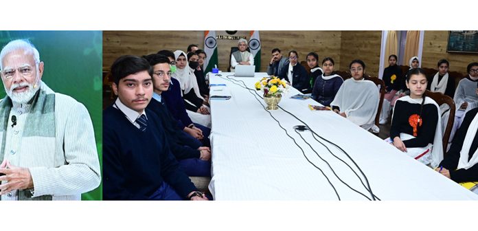 Prime Minister Narendra Modi (left) and LG Manoj Sinha with students (right) during ‘Pariksha Pe Charcha’ on Friday.