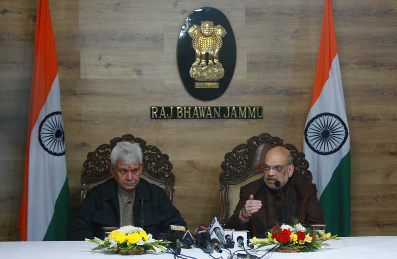 Union Home Minister Amit Shah addressing a press conference in Jammu on Friday. -Excelsior/Rakesh Union Home Minister Amit Shah addressing a press conference in Jammu on Friday. -Excelsior/Rakesh