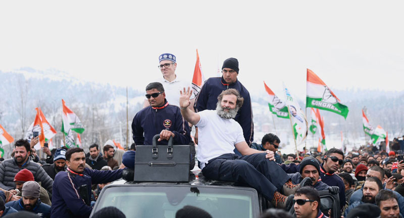 Congress leader Rahul Gandhi being taken into a car in view of the security reasons during party's Bharat Jodo Yatra at Banihal on Friday. (UNI) Congress leader Rahul Gandhi being taken into a car in view of the security reasons during party's Bharat Jodo Yatra at Banihal on Friday. (UNI)