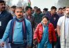 Congress leader Rahul Gandhi with Himachal Pradesh Chief Minister Sukhvinder Singh Sukhu and Himachal Congress President Pratibha Singh during the party's Bharat Jodo Yatra, in Kangra district.