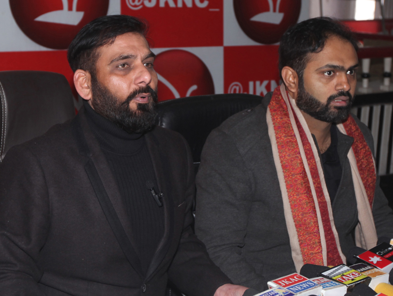 Senior NC leaders during a press conference at party headquarters Sher-i-Kashmir Bhavan in Jammu. -Excelsior/Rakesh Senior NC leaders during a press conference at party headquarters Sher-i-Kashmir Bhavan in Jammu. -Excelsior/Rakesh