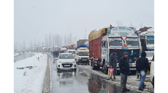 Vehicles stranded on Jammu-Srinagar highway near Qazigund-Banihal tunnel.