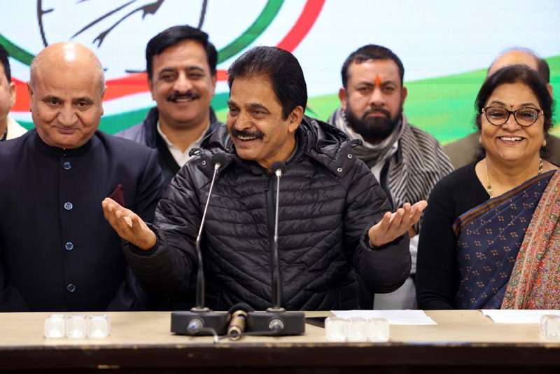 AICC general secretary, KC Venugopal, flanked by Rajni Patil, Tara Chand and others talking to media after joining by DAP leaders in New Delhi on Friday. AICC general secretary, KC Venugopal, flanked by Rajni Patil, Tara Chand and others talking to media after joining by DAP leaders in New Delhi on Friday.