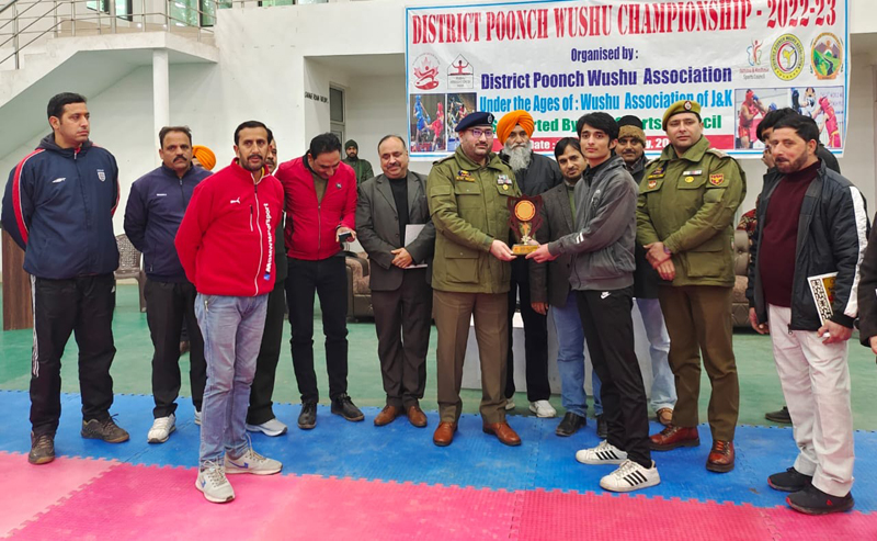 Players with chief guest pose for photograph after winning Medals in District Poonch Wushu Championship. Players with chief guest pose for photograph after winning Medals in District Poonch Wushu Championship.