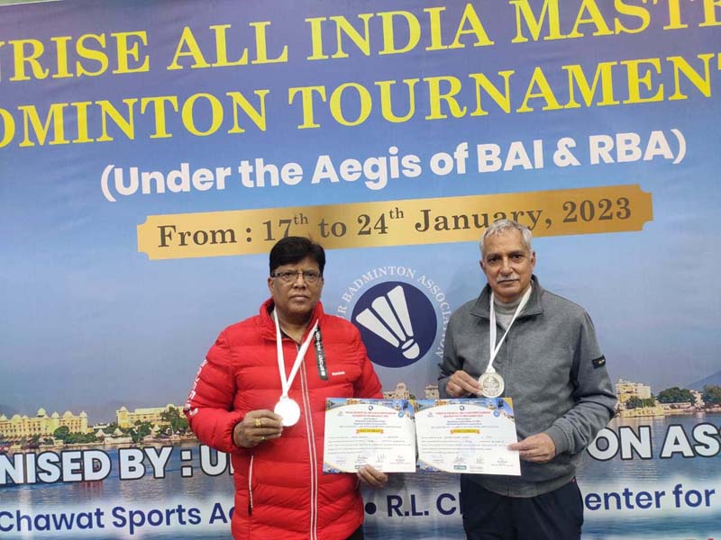Pair of Romesh Kumar & Umesh Aggarwal displaying medals at Udaipur on Tuesday. Pair of Romesh Kumar & Umesh Aggarwal displaying medals at Udaipur on Tuesday.