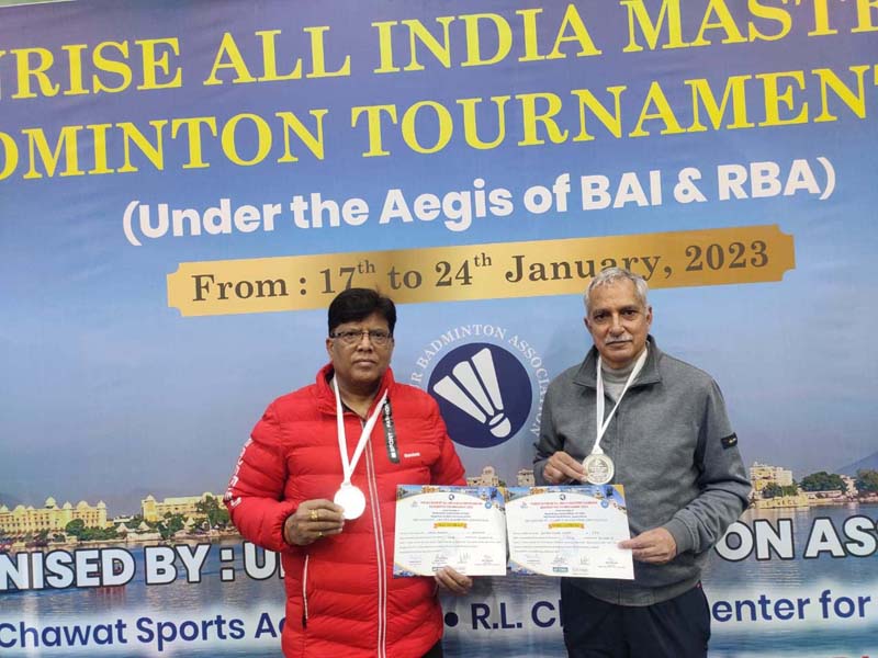 Pair of Romesh Kumar & Umesh Aggarwal displaying medals at Udaipur on Tuesday.