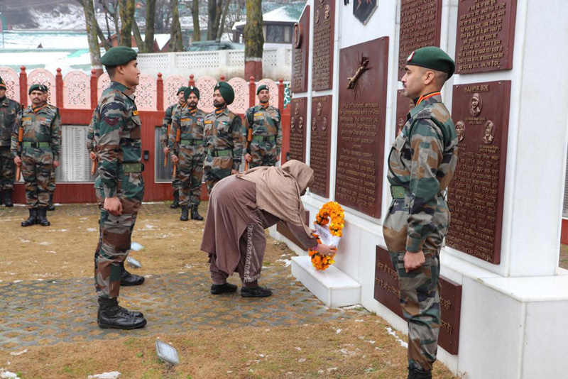 A Veer Nari offering floral tribute at a war memorial in Kupwara on Wednesday.