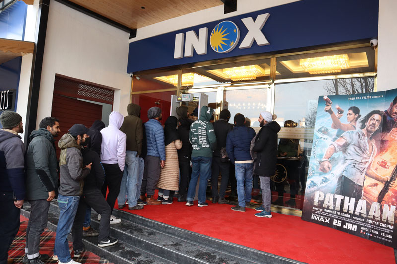 A huge rush of people at recently started INOX Multiplex Cinema, Shivpora in Srinagar on the release of the movie Pathaan on Wednesday. - Excelsior/Shakeel